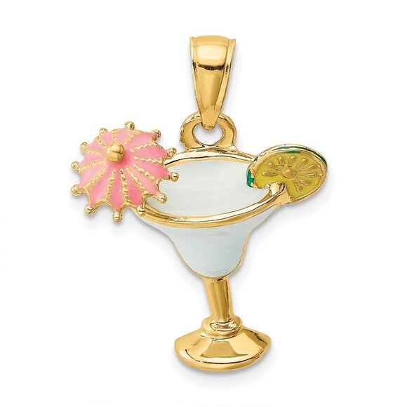 14k Yellow Gold Enameled Margarita Drink w/ Umbrella & Lime Charm